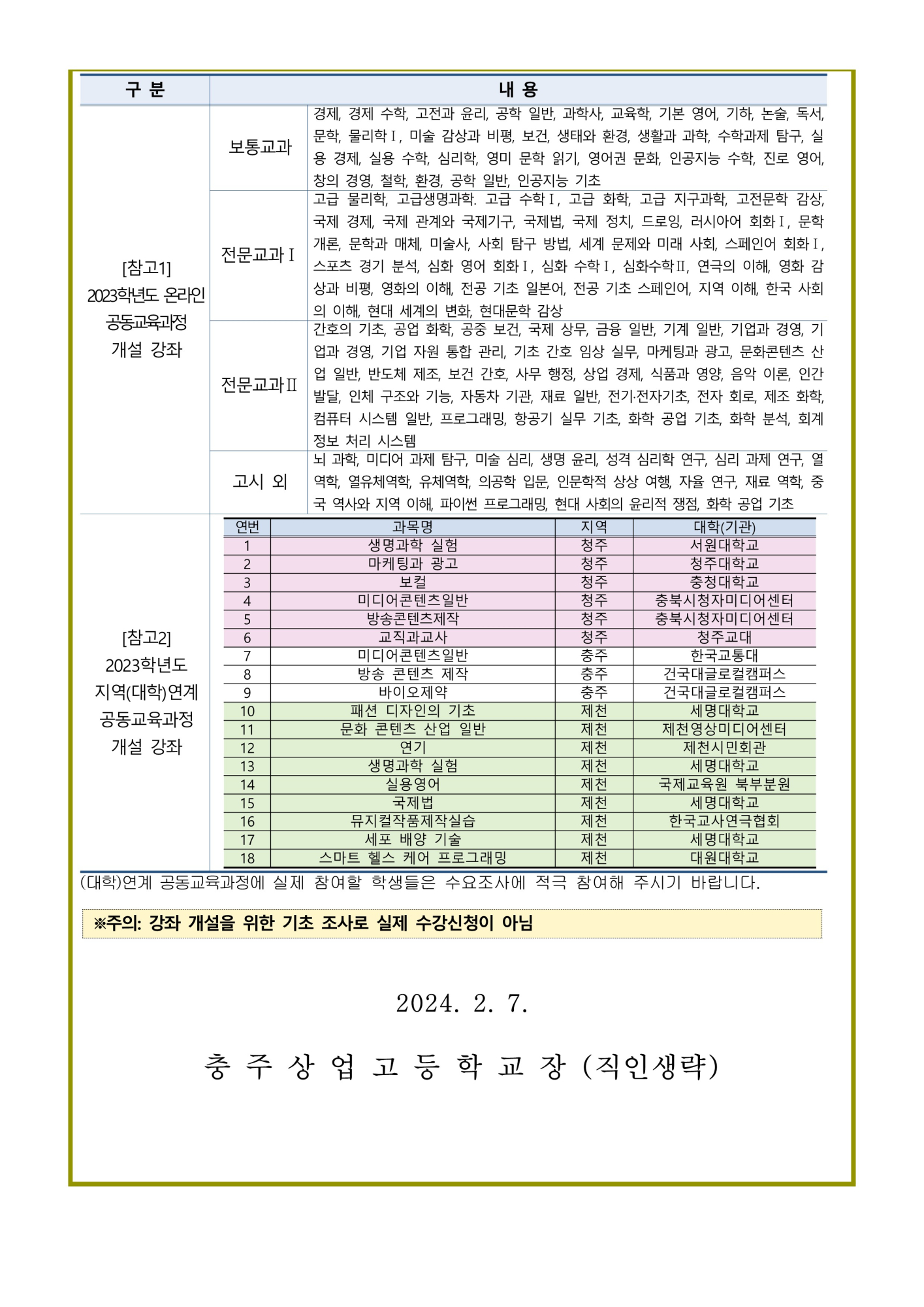 2024. 1학기 공동교육과정 개설 과목 학생 수요 조사 가정통신문_2